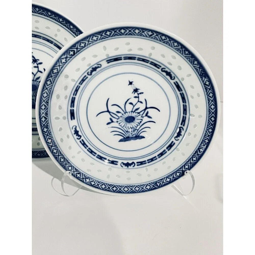 Jingdezhen Rice Eye Grain 6 Inch Desert Plates White & Blue Porcelain  Set of 4